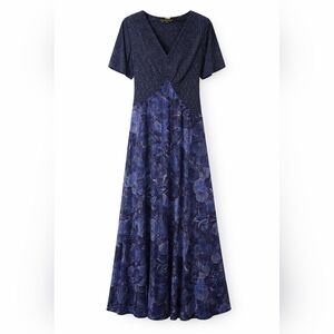 Carole Little Blue Mixed Print Faux Wrap Maxi Dress Size 14-Tie In Front Or Back